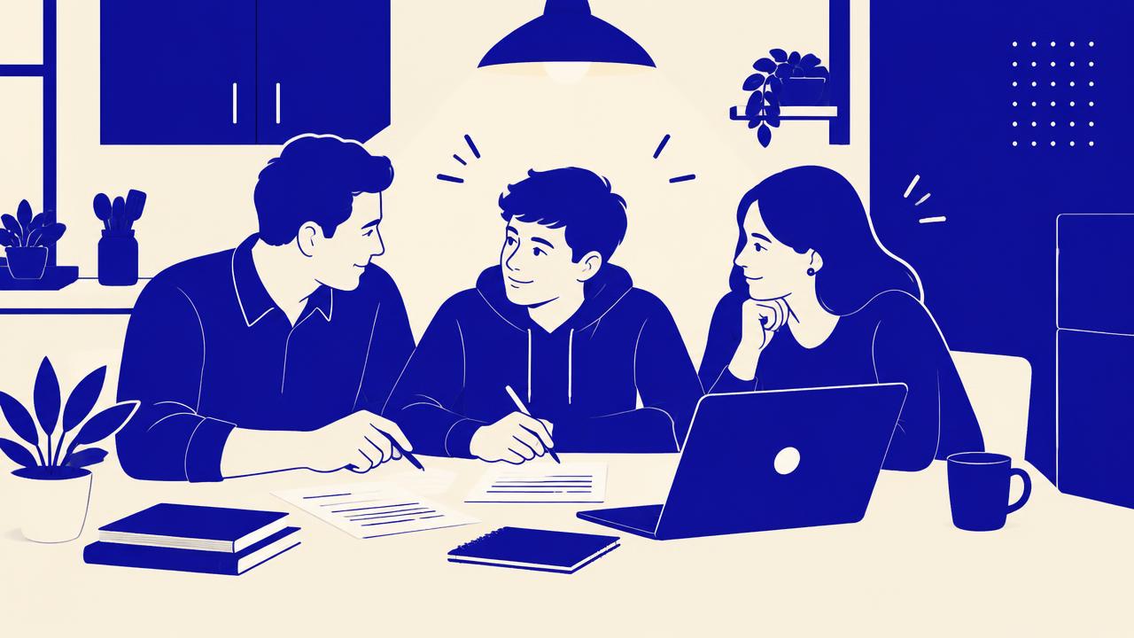 Illustration: Eltern und Jugendlicher im Gespräch am Küchentisch