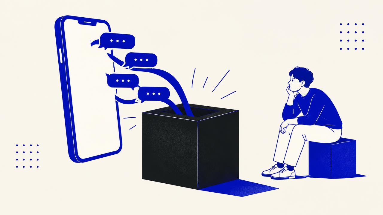 Illustration: Nachrichten verschwinden in einer schwarzen Box, während ein junger Mensch wartet