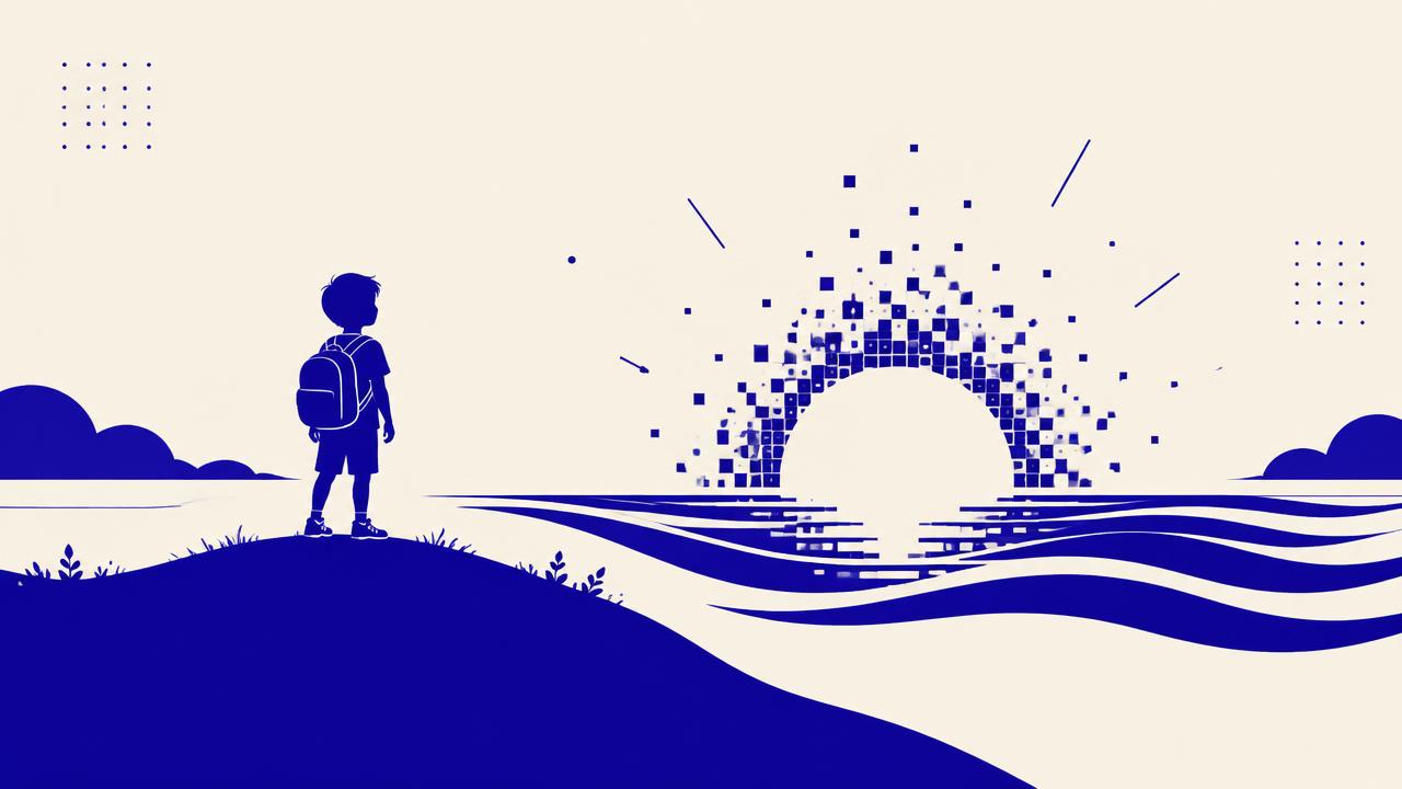 Illustration: Kind blickt auf eine aus Pixeln aufgehende Sonne