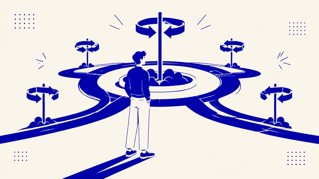 Illustration: Junger Mensch vor einem Kreisverkehr aus Wegweisern